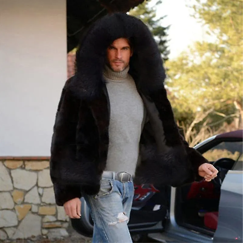 Abrigo de piel sintética con capucha para hombre Cálida chaqueta de invierno con capucha peluda