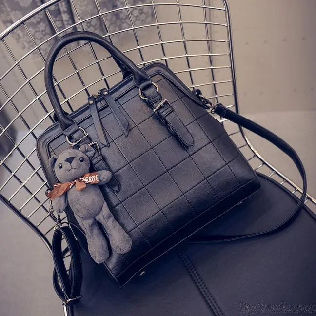 Women Quilted Handbag Bilateral Zipper Messenger Bag Bear Shoulder Bag